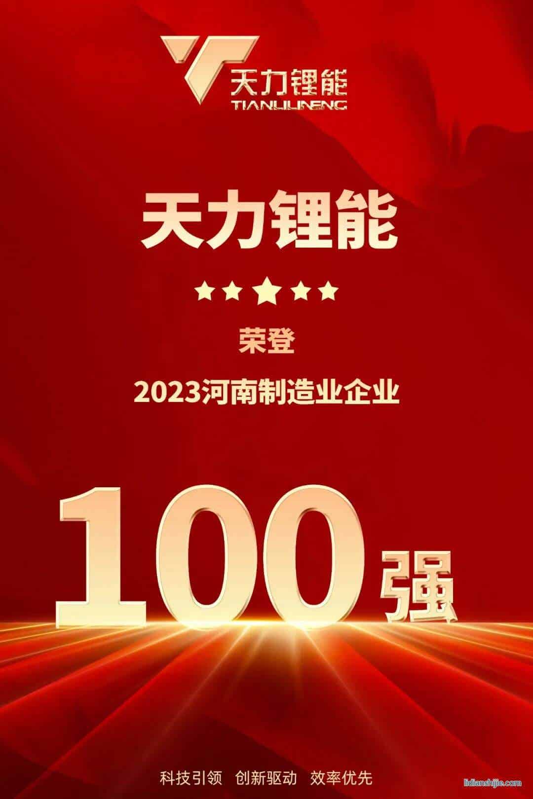 天力鋰能榮登2023河南制造業(yè)企業(yè)百強榜